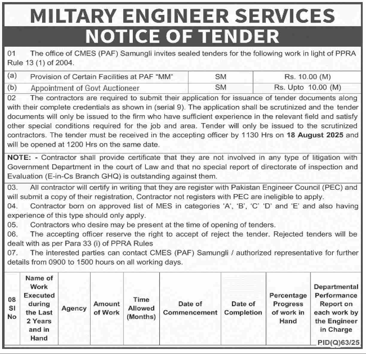 Military Engineering Services Tender Notice